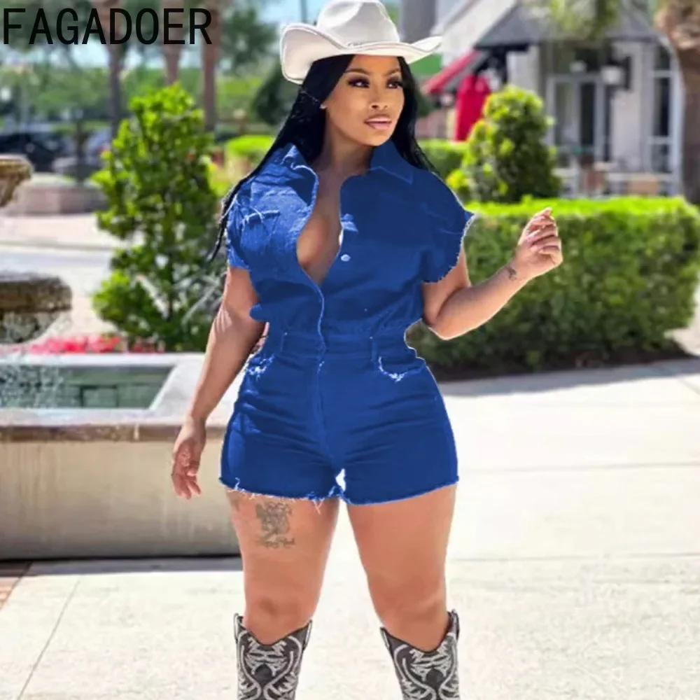 FAGADOER Dark Blue Casual Jean Bodycon Rompers Women Turndown Collar Button Short Sleeve Slim Denim Jumpsuits Fashion Overalls