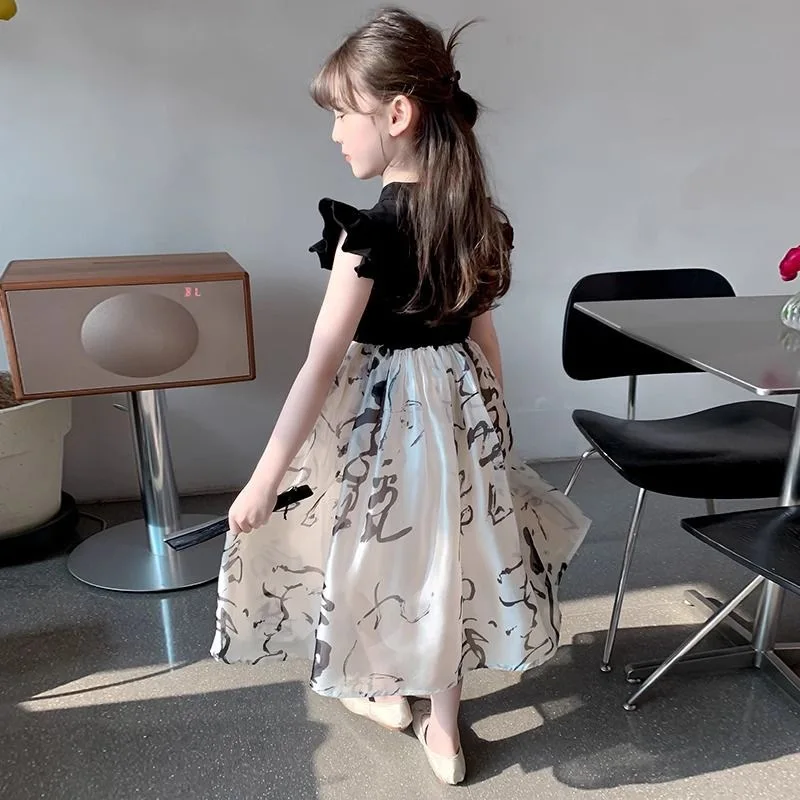 2026 summer Kids Girls pearl Chinese print Cheongsam Qipao Princess Teenager Year Dress flutter sleeve 4 7 8 9 10 12 14 Years