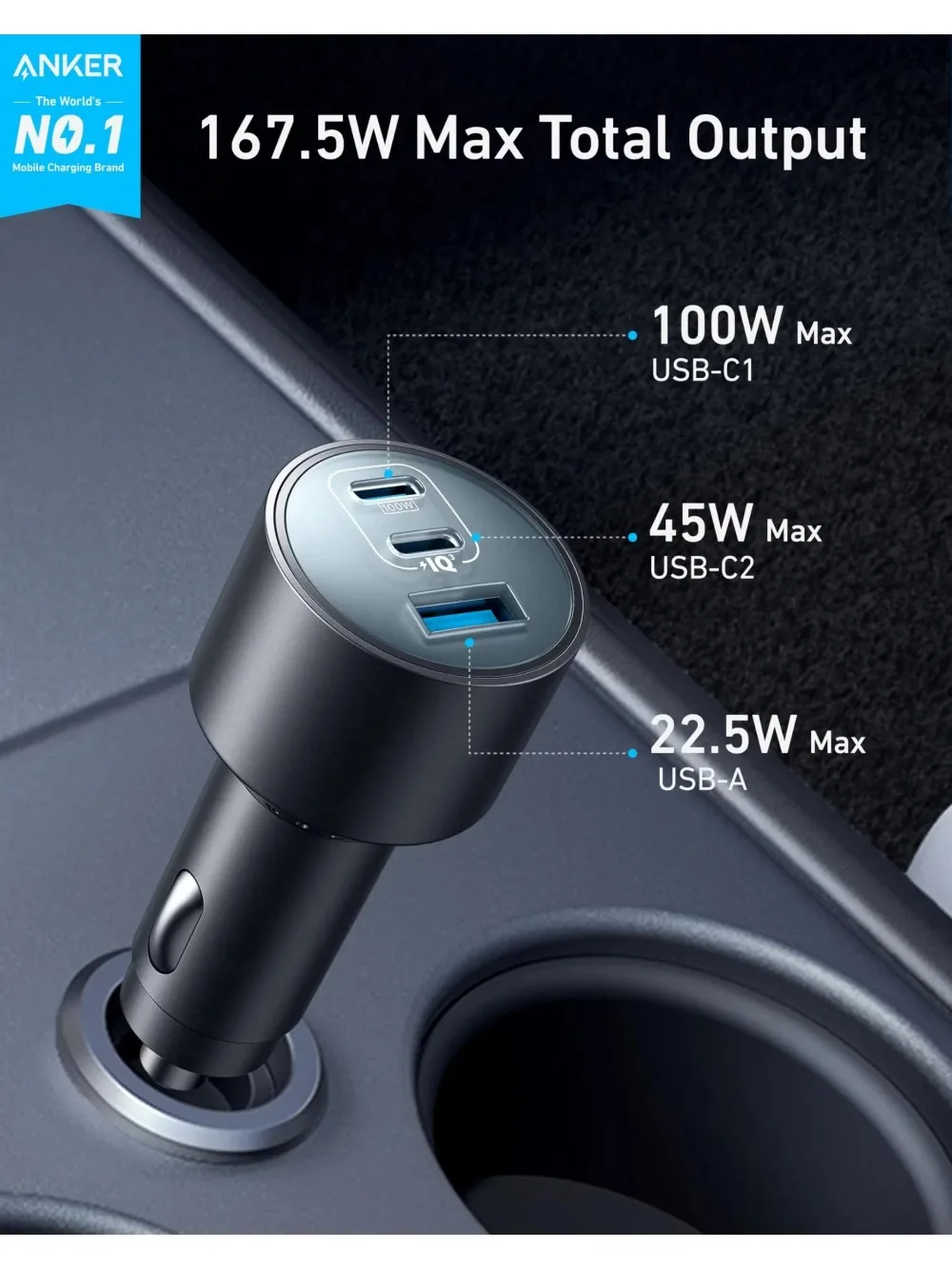 Anker Original 167.5W 3-Port USB C Car Charger Type C USB A Fast Charging Adapter for MacBook iPhone Samsung Laptop Phone