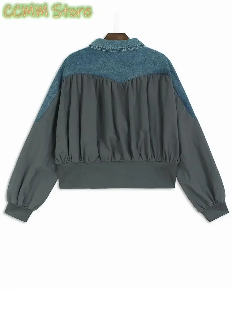 Szara dżinsowa plisowana kurtka w dużym rozmiarze Nowy płaszcz damski z długim rękawem Fashion Tide Wiosna Jesień