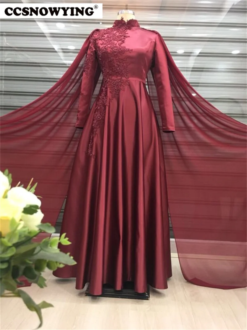 

Long Sleeve Hijab Satin Muslim Prom Dress with Cape High Neck Saudi Arabic Evening Formal Party Gowns Appliques Robes De Soirée