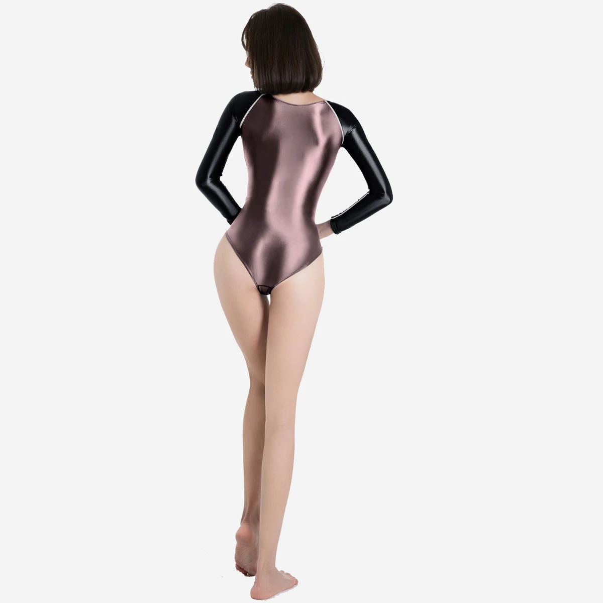 Shiny Sexy Long Sleeves Body Suits Women Swim Wear High Cut One-piece Swimsuit Sports Crotchless Swimsuit Plus Size Bathing Suit