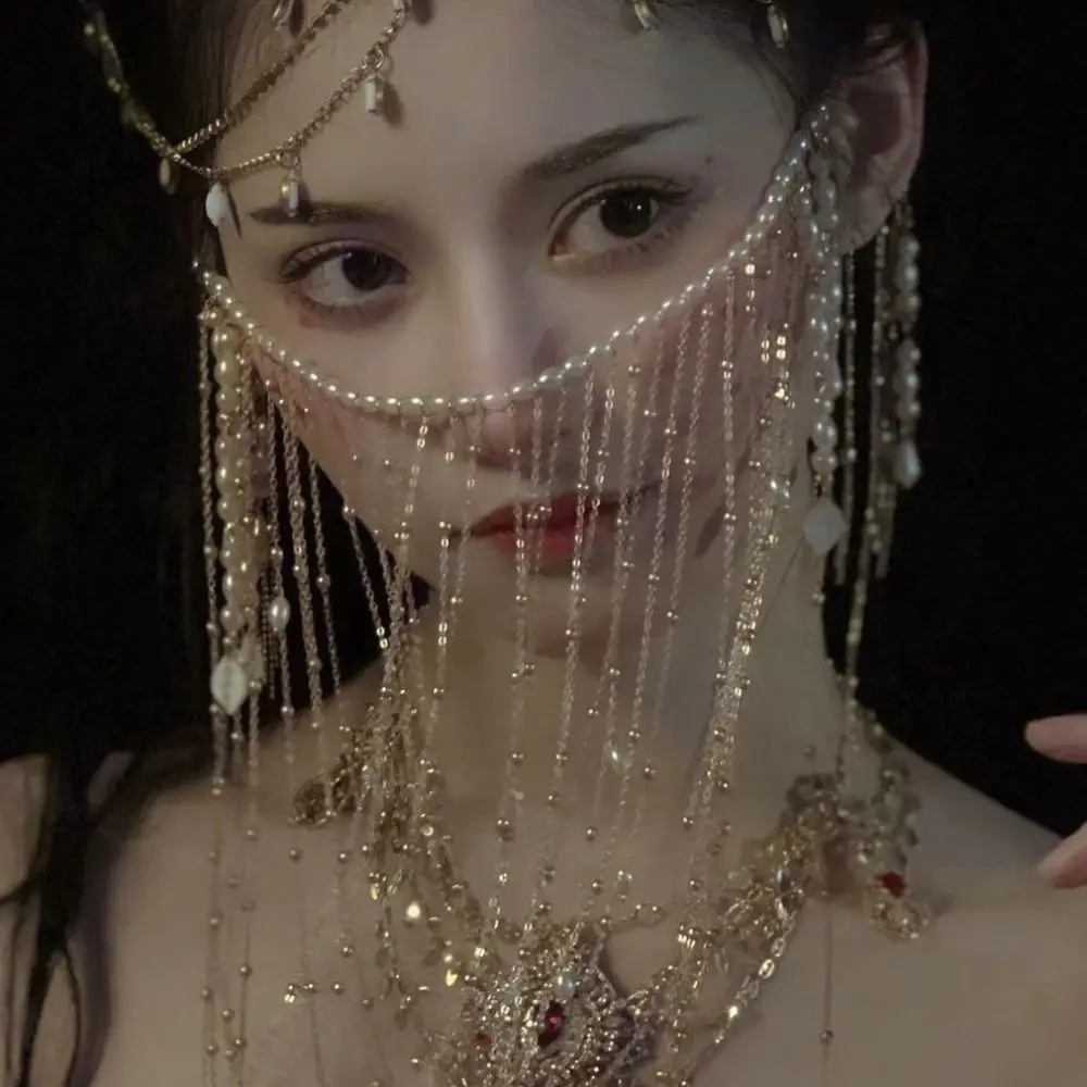 Elegant Pearl Hanfu Face Chain Headdress Ancient Style Golden Fairy Mask Full Face Tassel Mysterious Veil Women