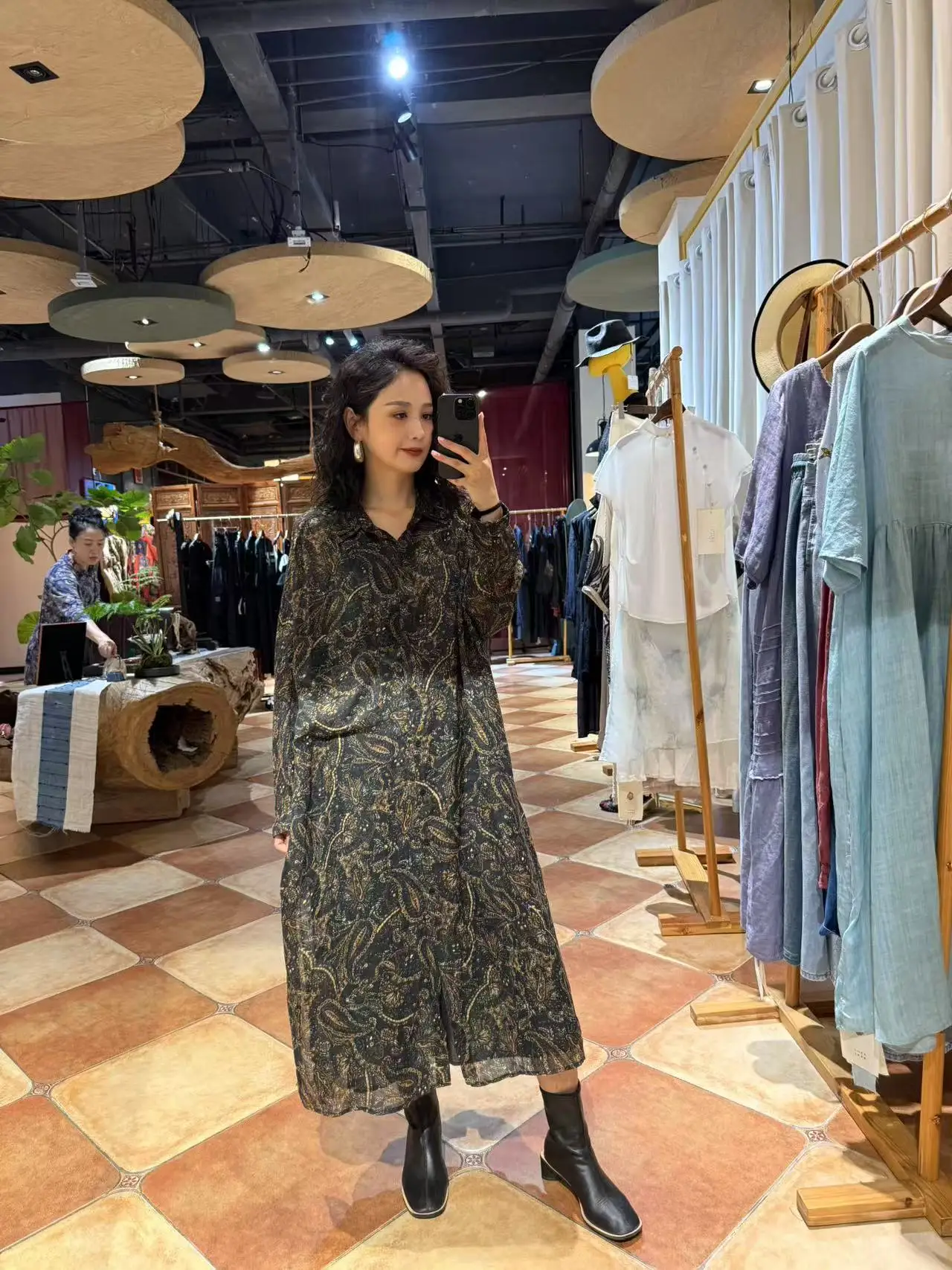 

Sanpu Jia 2025 Autumn New Hemp Print Flowing Collar Long irt Artistic Middle-Aged Sle Loose Fit Breathable Comfortable Wo...