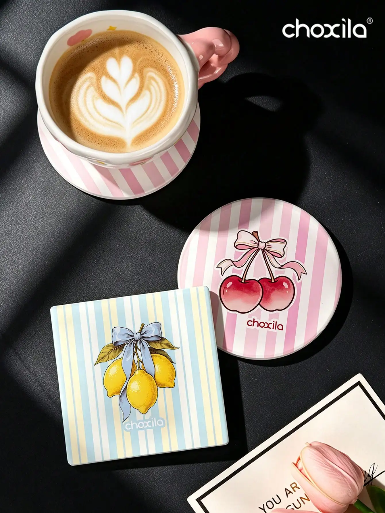 1pc Ceramic Drink Coaster,10cm Round/Square,Non‑slip Cork Base,Fruit Bow Print,Heat‑resistant Table Protector for Coffee Tea