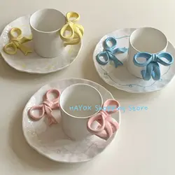 Creative Hand-painted 3D Bow Ceramic Mug with Plate Dinner Plate Coffee Milk Cup Office Afternoon Tea Latte Drinking Utensils