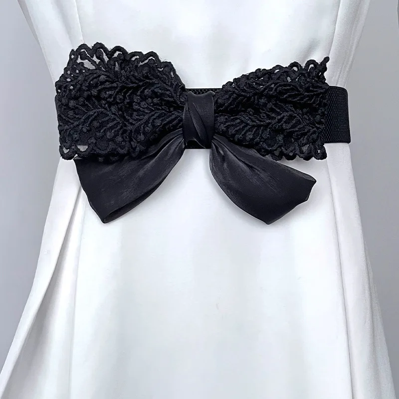 

Women's Runway Fashion Big Bow Elastic Cummerbunds Female Dress Corsets Waistband Belts Decoration Wide Belt R1299