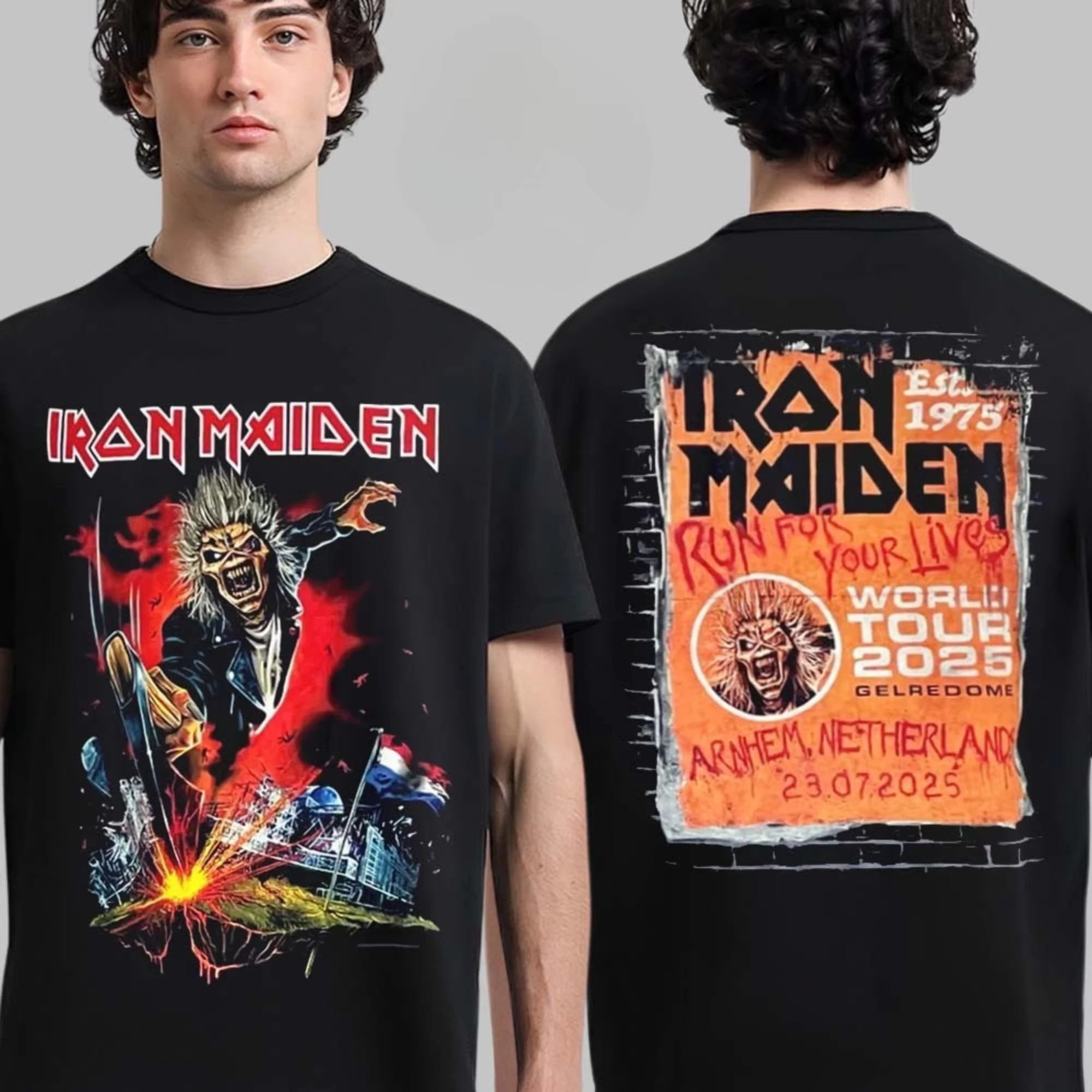 تي شيرت رجالي من Iron Maiden Run for Your Lives World Tour 2025 Arnhem Netherland Dutch Exclusive Merch Tee At Gelredome T-shirt #2
