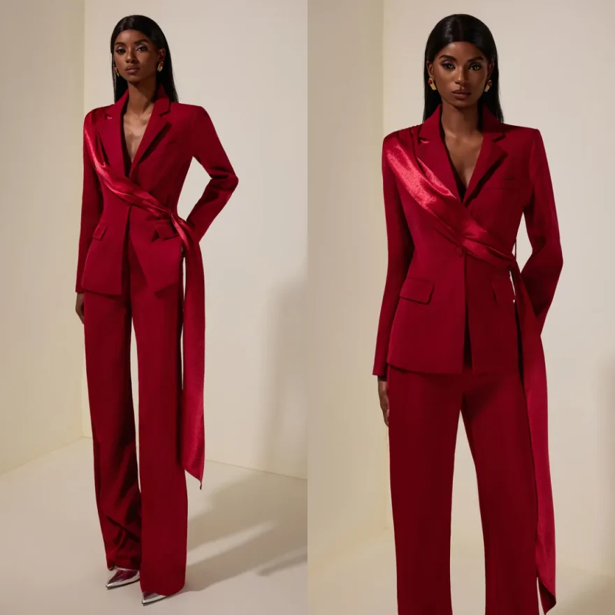Delicate Women 2‑Piece Pants Suit Satin Wrap Sash Notched Lapel Blazer Straight Trousers For Date Cocktail Gathering Customized