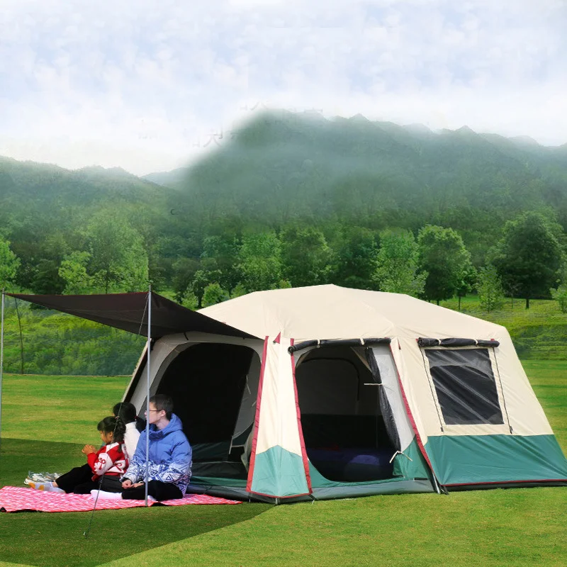 Aluminum Rod Vinyl Camping Tent, Large Gazebo Barraca, Ultralarge, One Hall, Two Bedroom, 8-12 Person, Thickened, Automatic