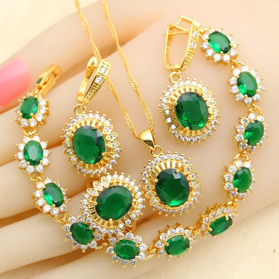 2023 New Arrivals Gold Color Jewelry Sets For Women Wedding Green Zircon Bracelet Earrings Necklace Pendant Ring Gift