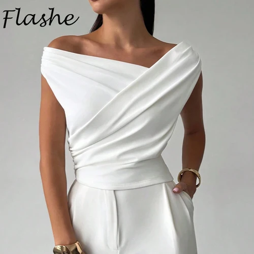 Tops sencillos de oficina a la moda para mujer, camisetas sin mangas con cuello oblicuo para mujer, camisa elegante de verano para mujer, blanco y negro