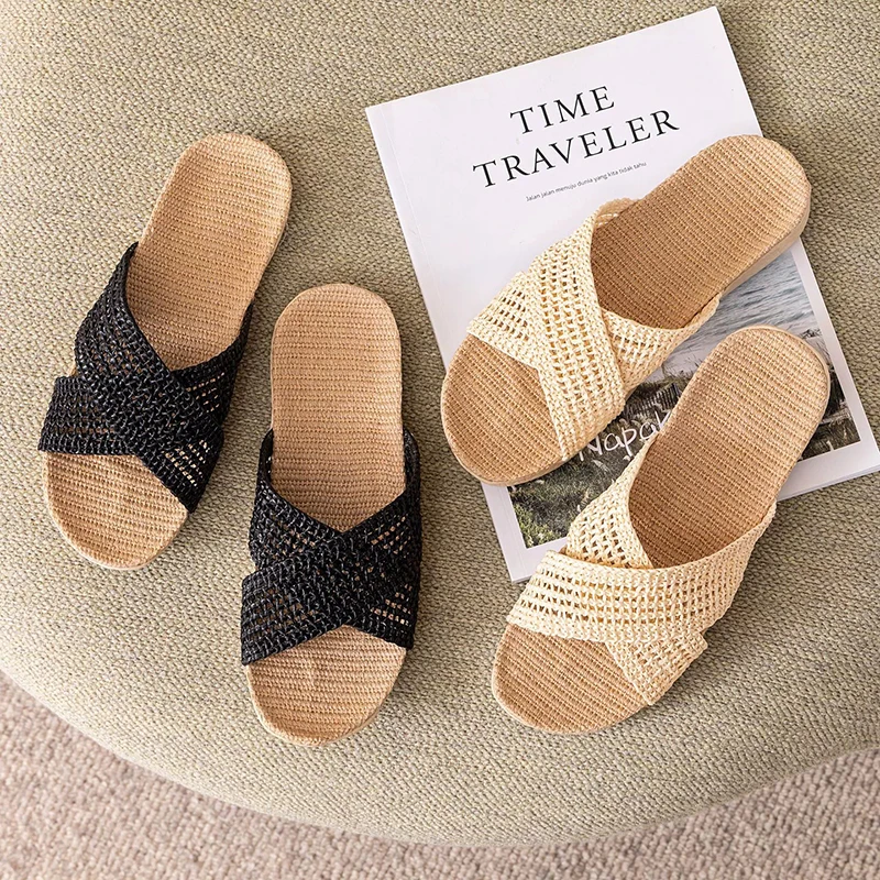 

Linen slippers woven straw sandals, women's pure linen straw woven shoes Japanese home-use all-season quiet indoor retro me