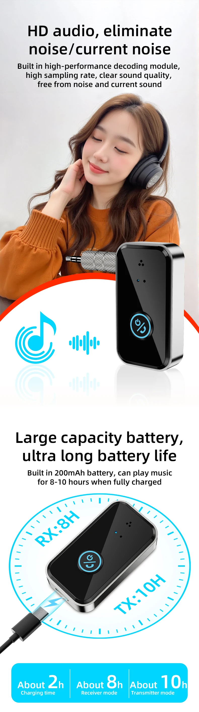 Bluetooth 5.4 Sender Empfänger 2 in 1 Wireless Audio für Auto Musik Kopfhörer Lautsprecher 3,5 mm Klinke AUX Wireless Audio Adapter – Detail 4