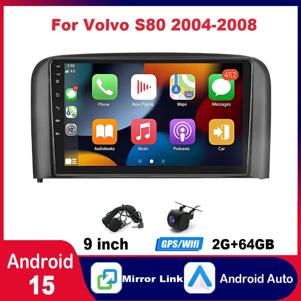 ملاحة السيارة 9 بوصة Android 15 مناسبة لـ CarPlay + Android Auto / 2 + 64G + AHD لـ 2004-2008 فولفو S80 #1