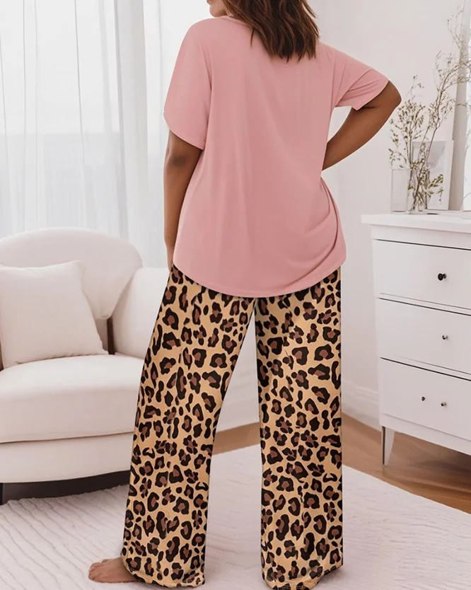 2-Piece Heart-Shaped Leopard Print Short Sleeved Top and Casual Leopard Print Pants Set for Women's Summer Casual Home Pants Set