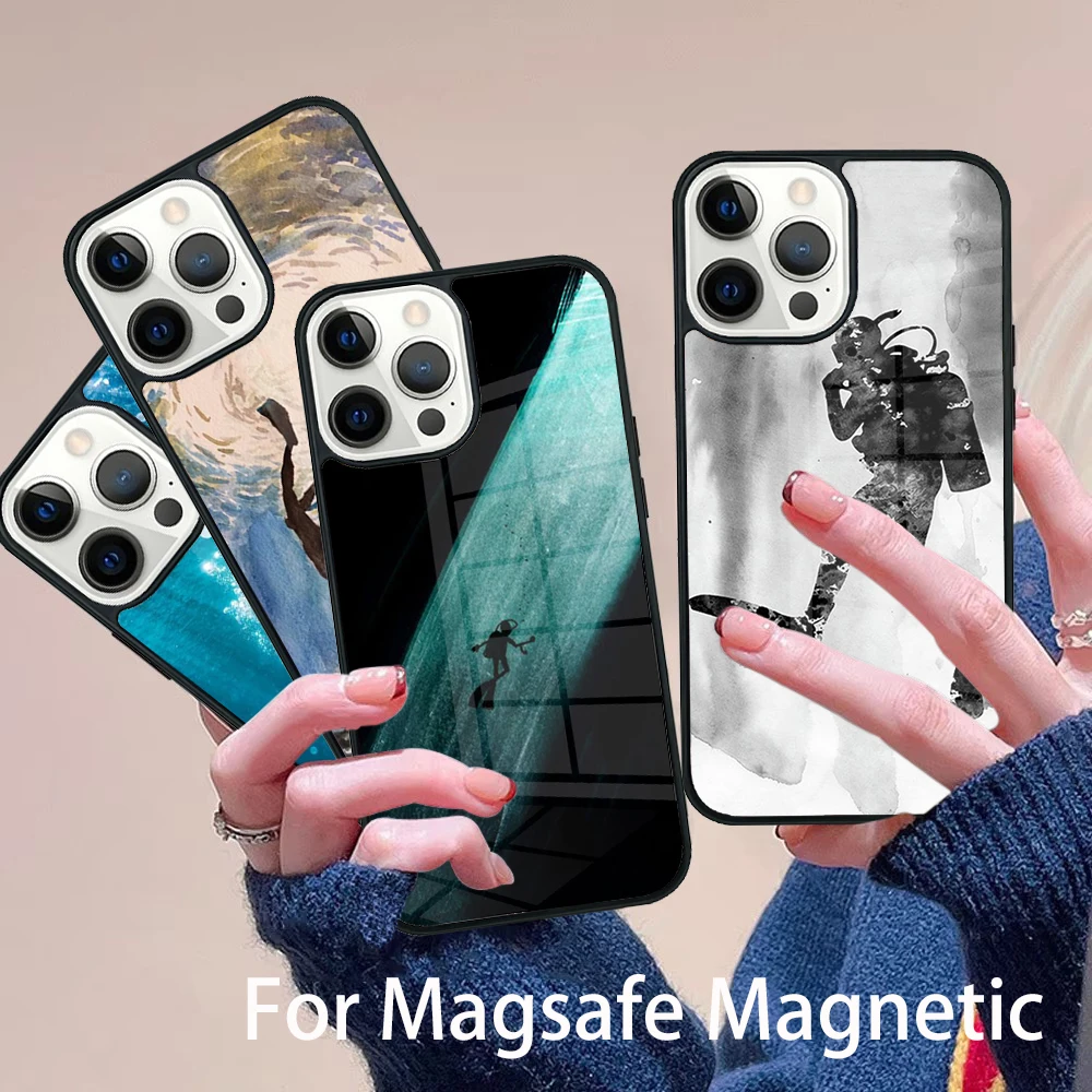 

Dive Scuba Diver Shark Diving Phone Case Magesafe Magnetic Wireless Charge Cover For IPhone 16 11 12 13 14 15 Pro Max Plus Mini