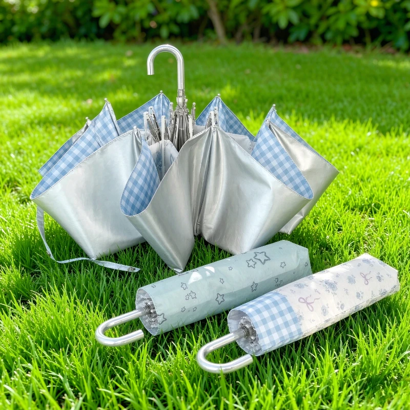 Star Titanium Silver Folding Sun Umbrella Manual UV Protection Compact Bent Handle Rain Sun Parasol for Women Travel Use 양산
