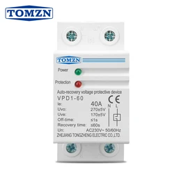 Protector de dispositivo de protección contra sobretensión y bajo voltaje, recuperación automática de carril Din doméstico de 40A y 230V