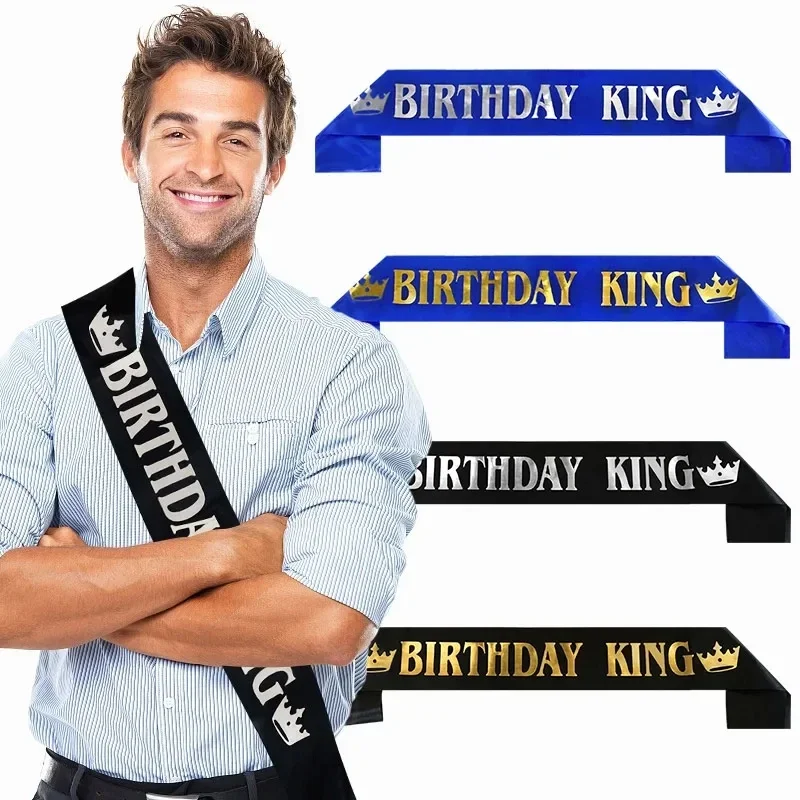 Faixa de aniversário para homens, faixa de rei de aniversário e conjunto de crachás, fita de prêmio de aniversário, decoração de festa de aniversário masculina