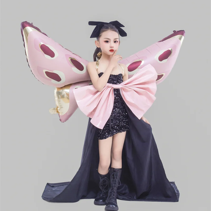 Mädchen Schmetterling Flügel Rock trend ige Leistung Gesangs kleid und Themen Laufsteg Outfits für Kinder Geschenk rosa Prinzessin Kleid