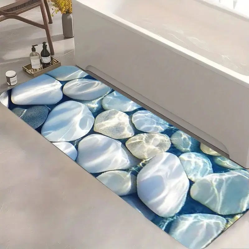 Clear Water White Pebble Bathroom Runner Mat Anti Slip Blue Stream Smooth Stone Nature Print Carpet for Kitchen Hall Bathroom