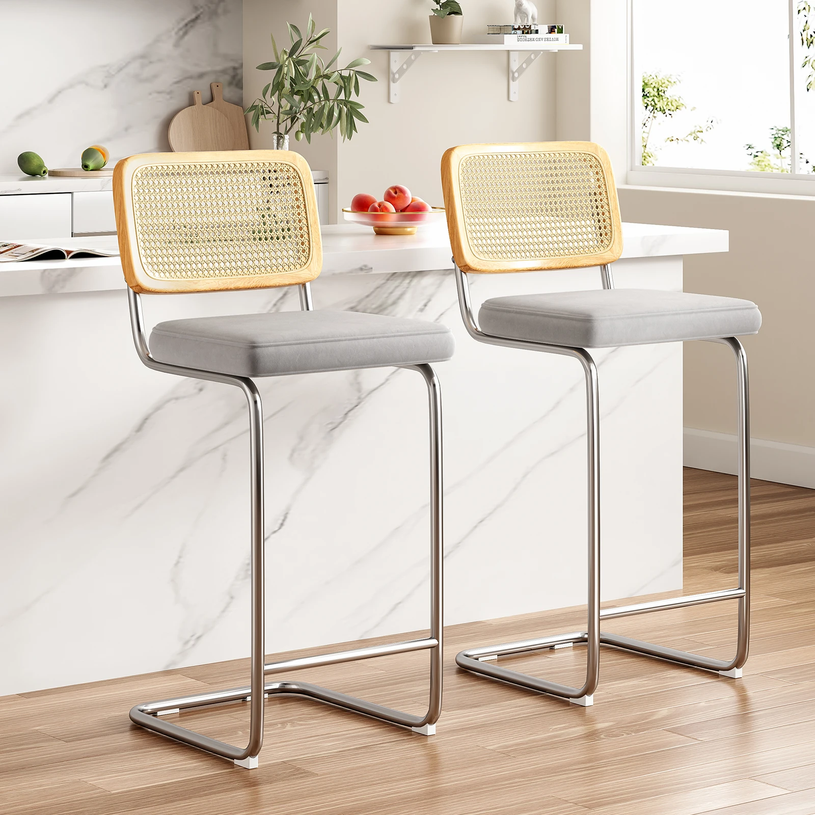 

Farini Counter Height Bar Stools Set of 2, Upholstered Velvet Barstools with Rattan Back, 30 inch Height Stools Bar Chair