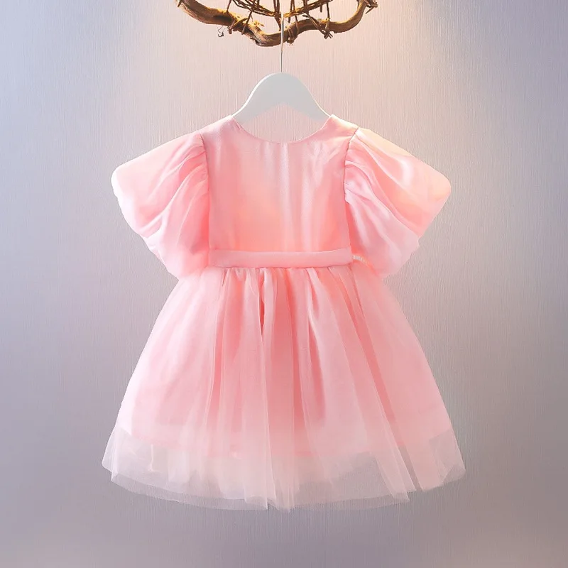 Summer New Baby Dress Girls Big Bow Mesh Splicing Brocade Backless Dress  Girls Sweet Princess Bubble Sleeve Tutu Dress