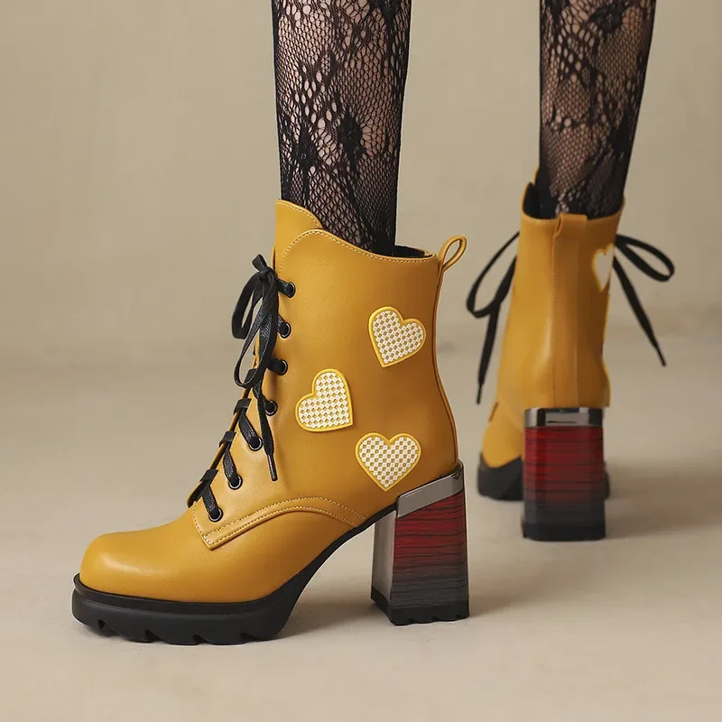 

YMECHIC 2025 Autumn Winter Punk Style European American Ankle Boots Ladies Print Mixed Colors Block High Heels Party Women Shoes