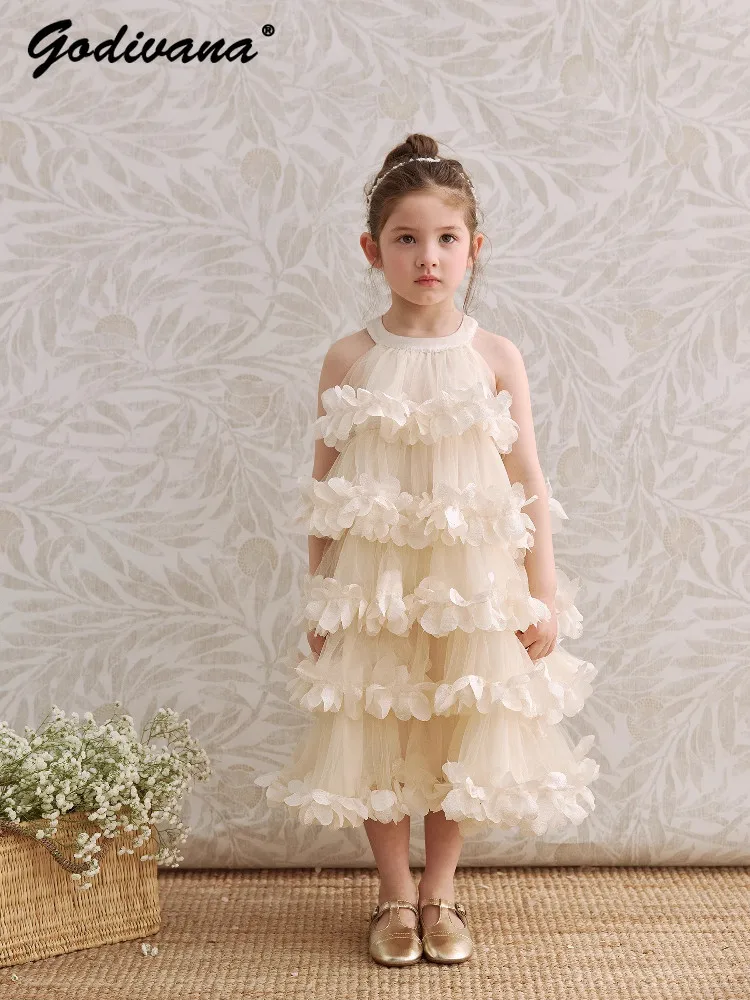 Baby Girls 2026 New Summer Halter Princess Dress Childrens Korean High End Heavy Lace Floral Trim Birthday Party Tutu Sundress