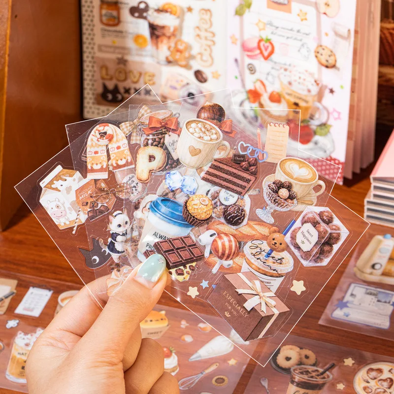 20Pcs Waterproof PET Sticker Book, Corner Coffee, Coffee Bean Croissant Dessert Decor Stickers for Handmade Scrapbook