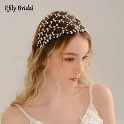 Efily Baroque White Pearl Wedding Headband for Bride Headdress Handmade Beaded Crown Women Tiara Hair Accessories Jewelry Gift