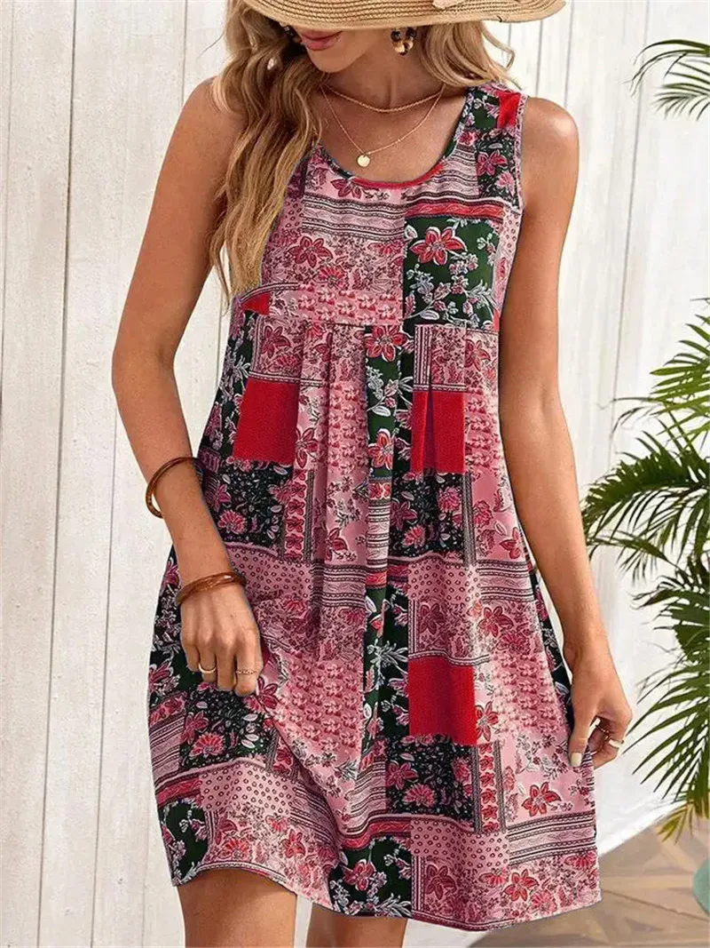 Floral Pattern Women Mini Dresses Sleeveless 3D Flower Printed Street Ladies Dress 3XL Plus Size Retro Casual Female Dress