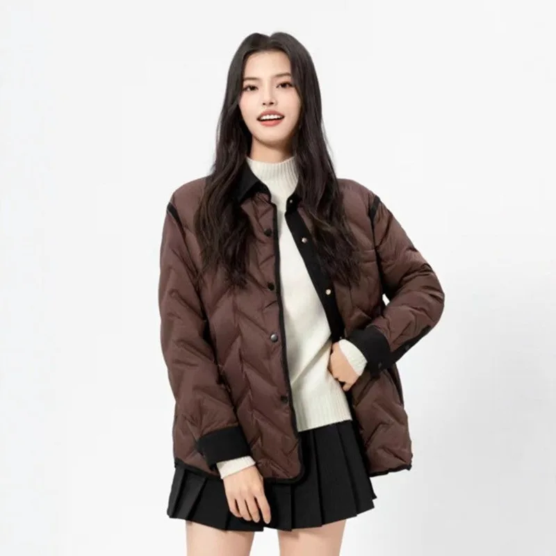 Hiver léger revers doudoune femmes 90% blanc canard doudoune femme Patchwork chaud simple boutonnage Parker outwear