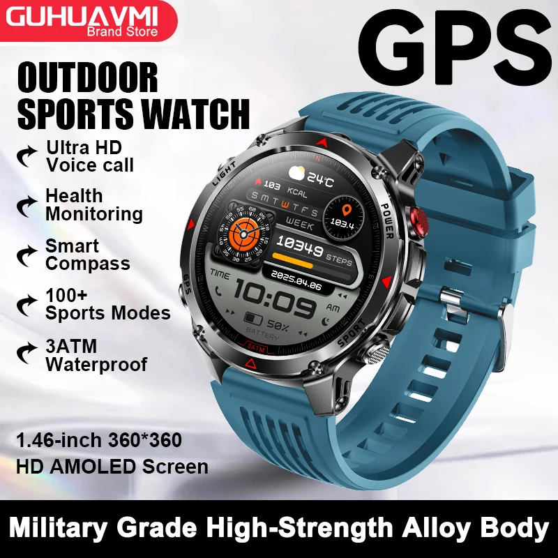 2025 New Military Bluetooth Call Smart Watch Built-in GPS Compass Barometric Altimeter 10ATM Waterproof Sports Smartwatches Men