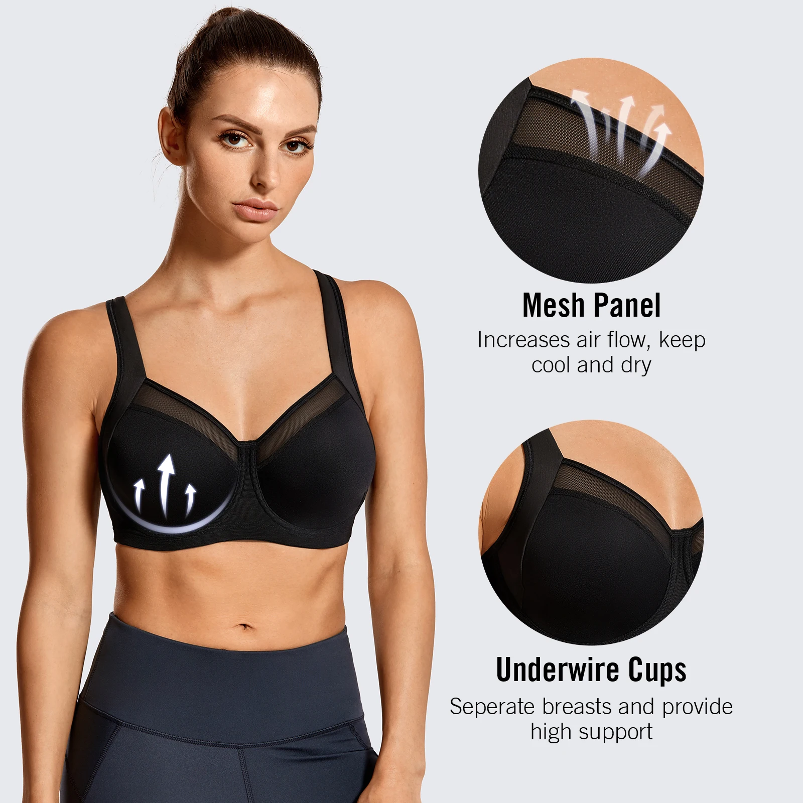 SYROKAN Sport Bras Women High Impact Non Padded Underwire Powerback Support Sports Bra Sportswear Crop Top Female Fitness