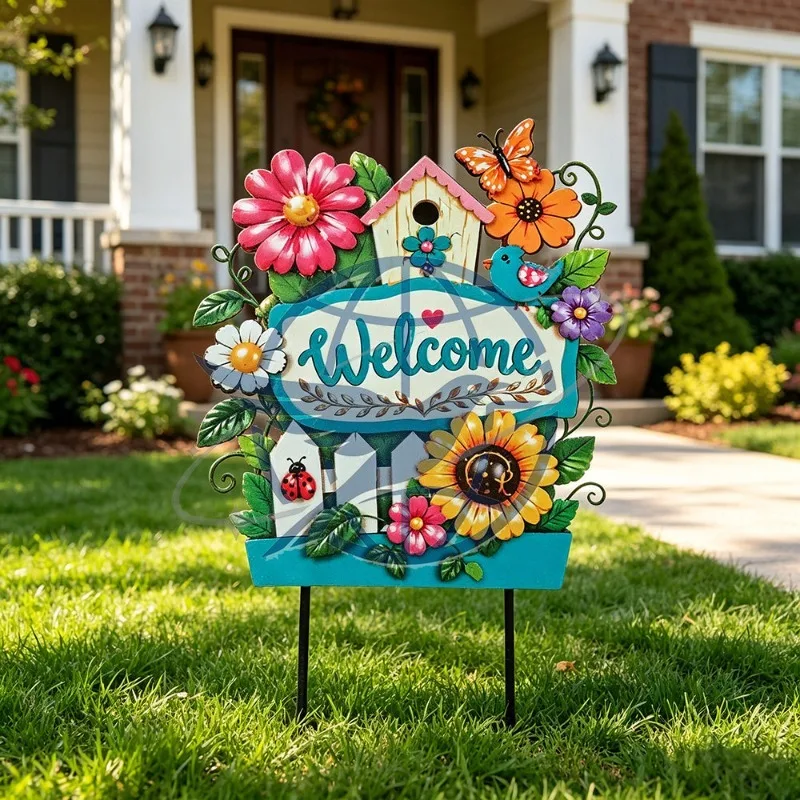 pastoral wrought iron welcome card outdoor courtyard garden decoration with sunflower flower and bird ornament decoration