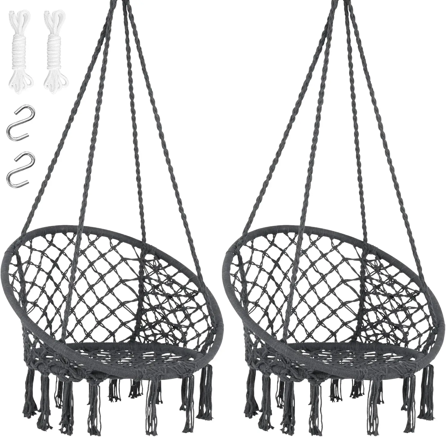 Grey Indoor/Outdoor Handmade Knitted Mesh Rope Hammock Chair, Max 330 Lbs, Pack of 2