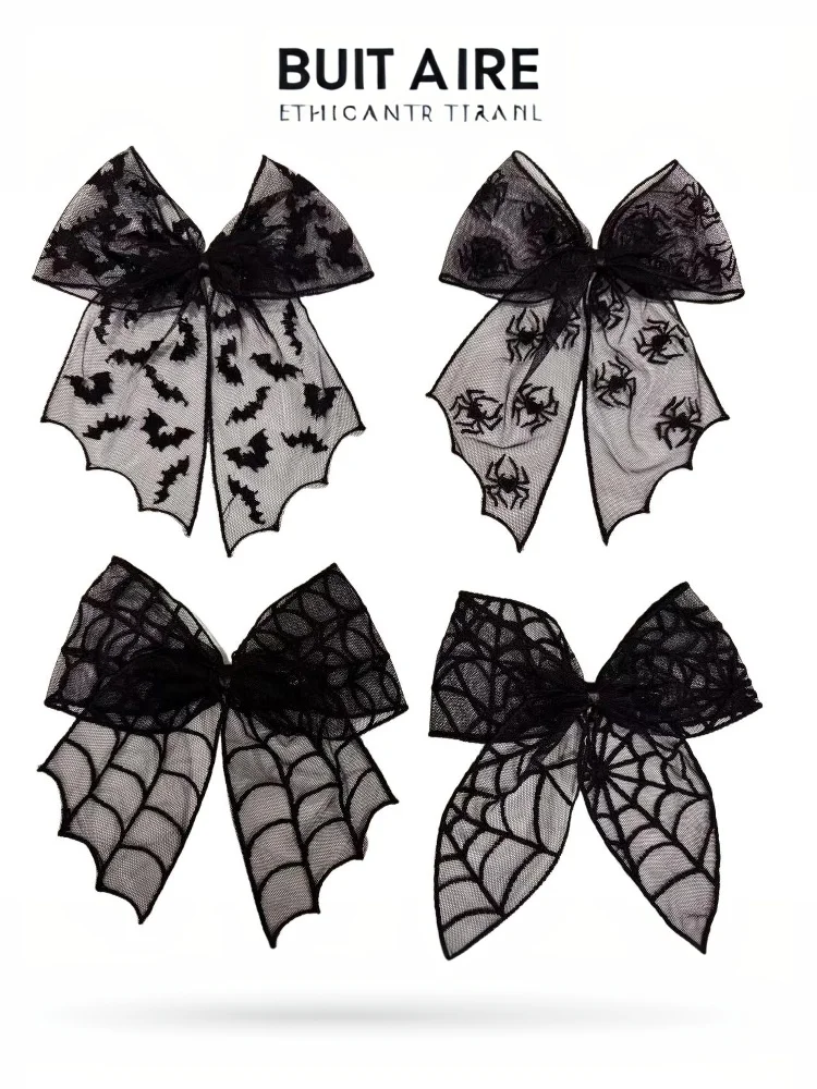 【JYS-7】مشابك شعر على شكل فيونكة سوداء مطرزة بالدانتيل من التول ودبابيس شعر على الطراز القوطي وإكسسوارات شعر تنكرية للهالوين المخيف