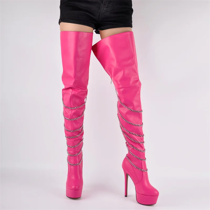 Onlymaker, botas por encima de la rodilla con plataforma rosa para mujer, tacón fino alto, decoración de cadena de Metal, botas hasta el muslo con cremallera para mujer
