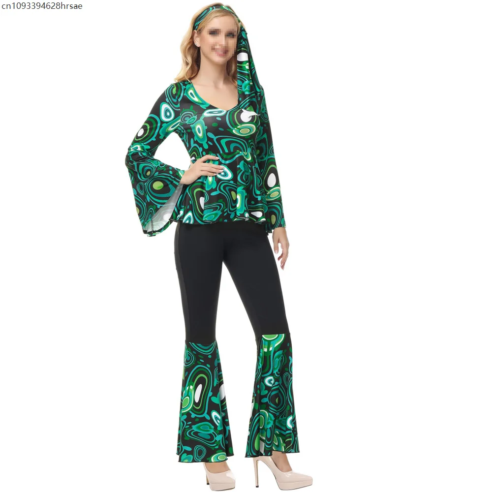 Damski strój disco hippie lata 70. kostium retro błyszcząca suknia balowa dzwony fantazyjny strój kostiumy na Halloween cosplay