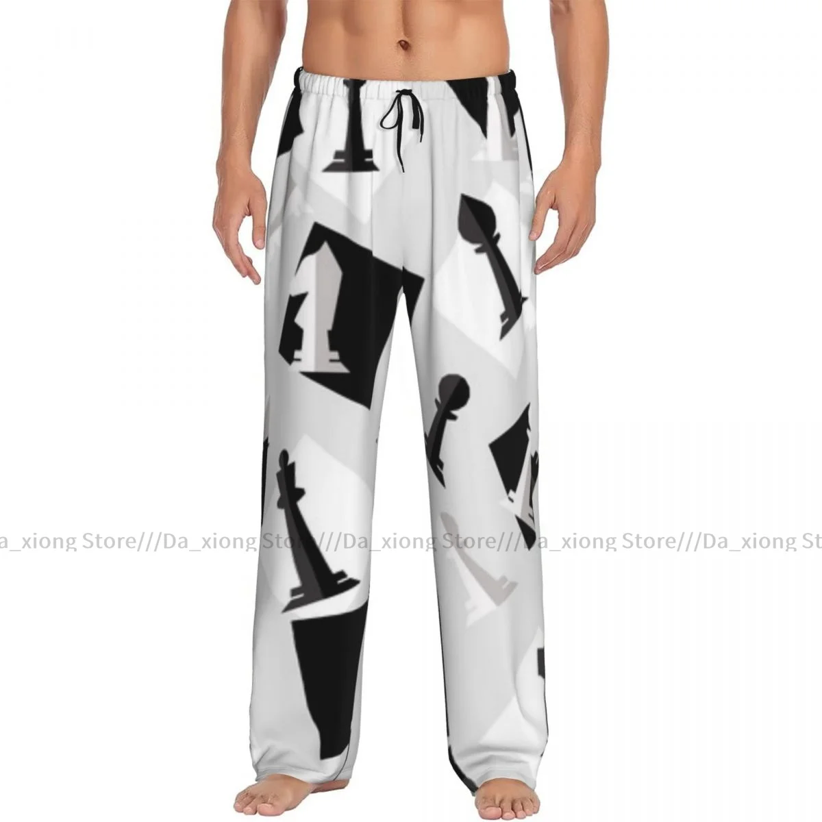 Mens Casual Pajama Long Pant Loose Elastic Waistband Checkered Chess Background Cozy Sleepwear Home Lounge Pants