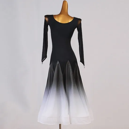 V‑neck mesh long sleeve big swing dance dress with ring decor on chest and black‑white gradient skirt,suitable for ballroom danc