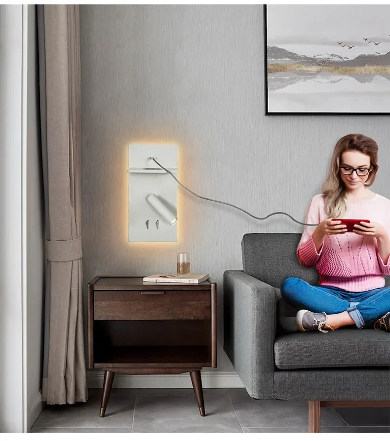 Modern Minimalist Hotel Bedroom Bedside LED Adjustable Reading Bedside Lamp USB Wireless Charging Wall Lamp