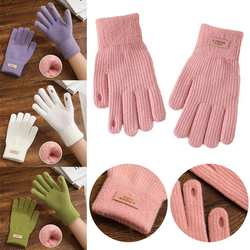 1 Pair Winter Warm Gloves Women Touch Screen Gloves Finger Holes Fashion Solid Color Knitted Gloves Inner Plush Mittens Gift