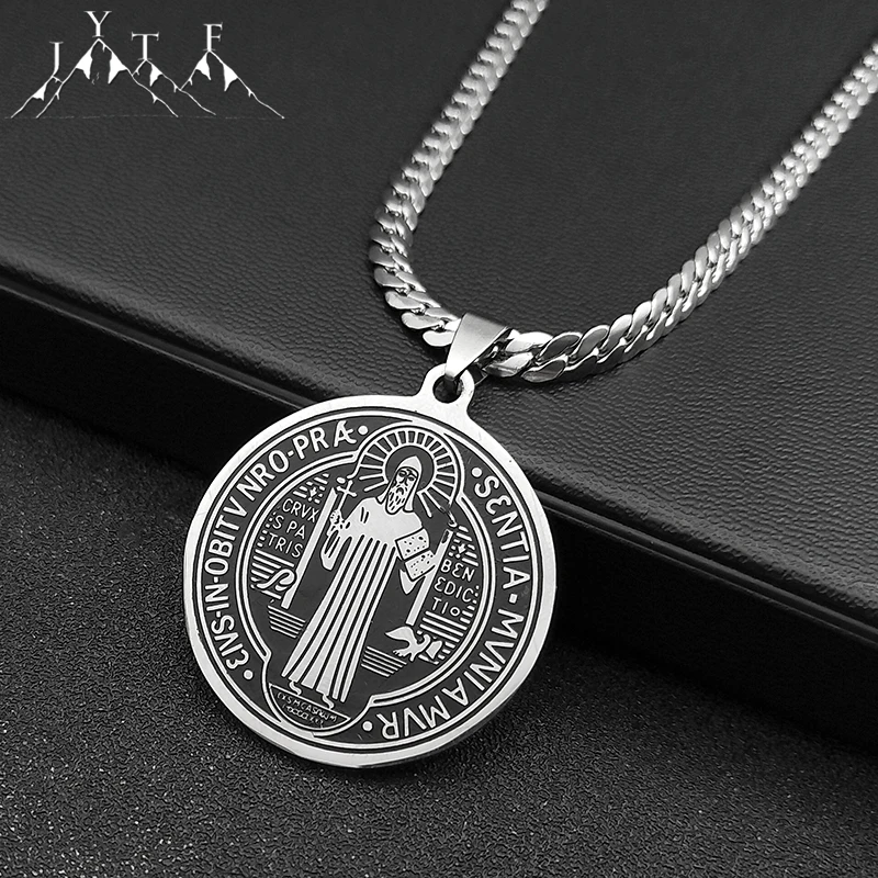 San Benito Exorcist Pendant Necklace for Women Men Stainless Steel Christian Saint Benedict Religious Amulet Chain Jewelry