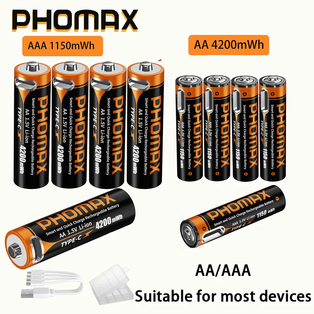 

PHOMAX Li-ion AA/AAA Rechargeable Batteries USB Lithium-ion 1.5V AA/AAA 4200mAh 1150mWh Battery + Data Cable and Storage Box