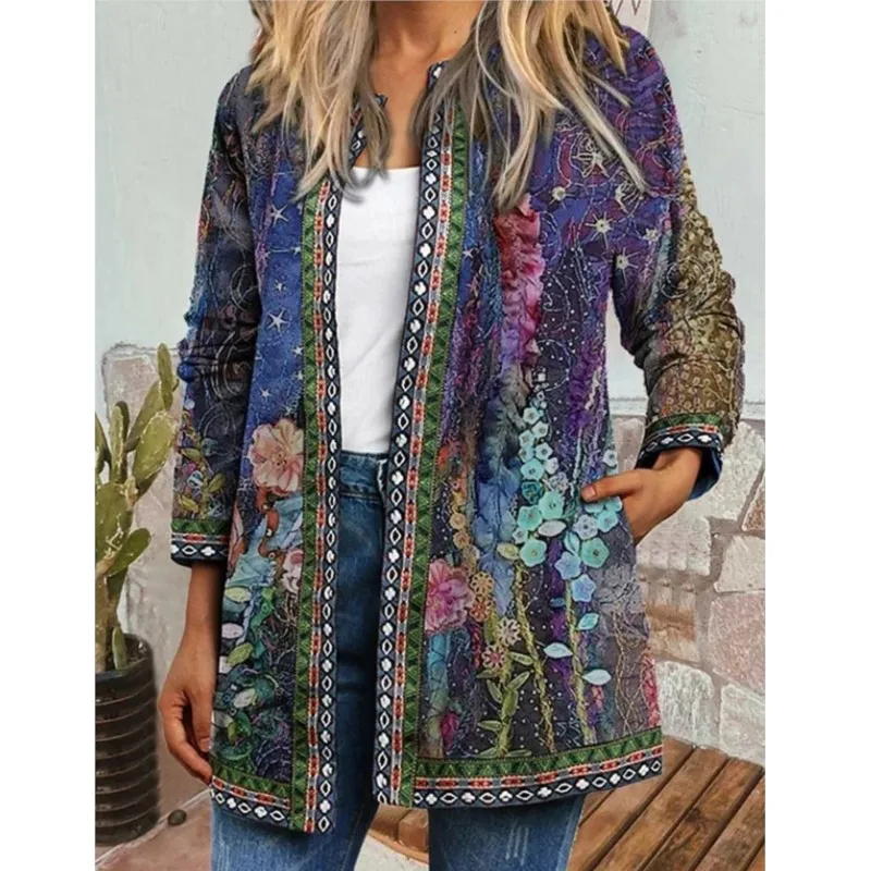 

Autumn Winter Fashion Colorful Boho Floral Print Open Front Cardigan Casual Loose Long Sleeve Lightweight Jacket With Pockets