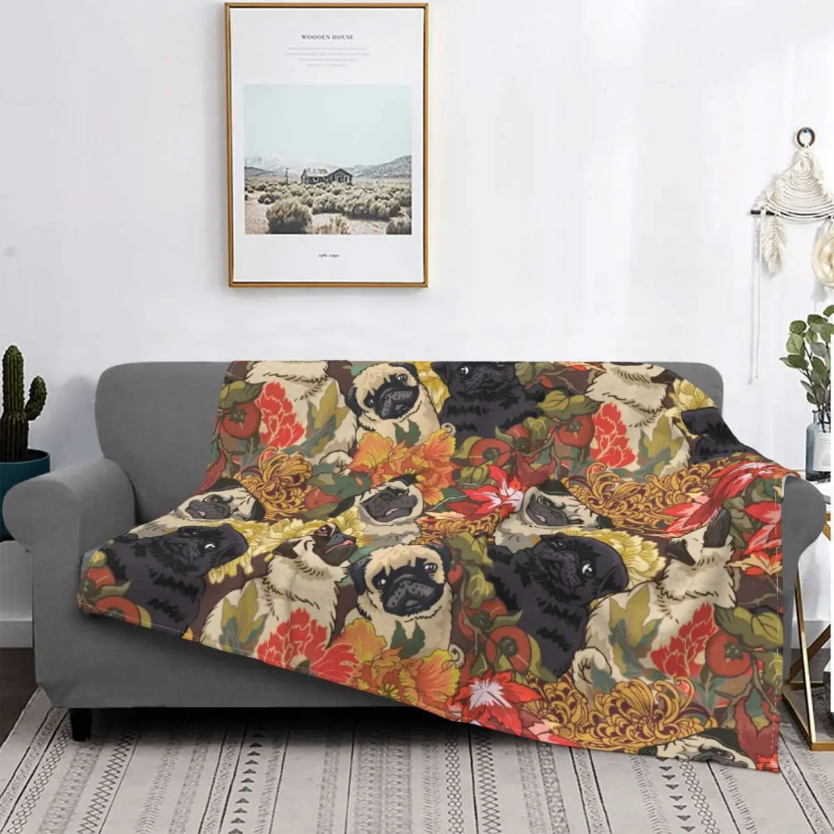 

Because Pugs Autumn Flower Blanket Flannel Winter Cute Dog Breathable Lightweight Thin Throw Blanket for Home Bedroom Bedspread