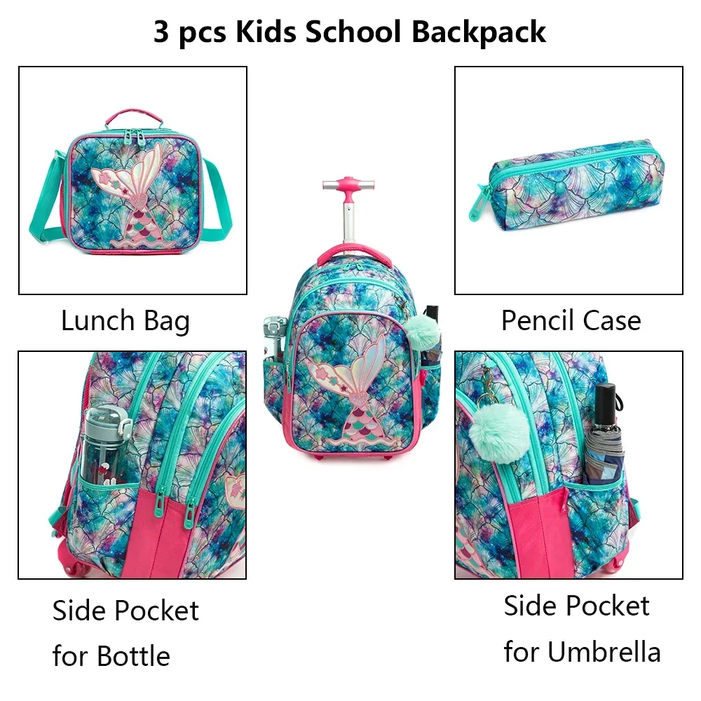 Children School Backpacks for Teenagers 3 in 1 School Backpack for Kids Girls Mermaid Schoolbag with Lunch Bag Pencil Case